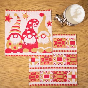 Set of 2 christmas cloth napkins with red yellow scandinavian gnomes, Reusable holiday dinner napkins, Nordic table linens festive decor