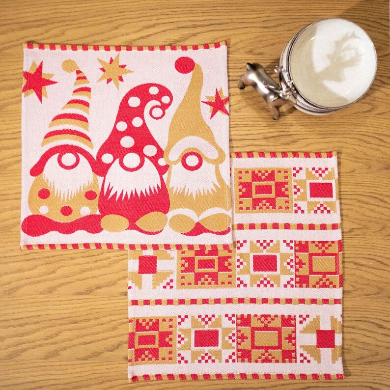 Set of 2 christmas cloth napkins with red yellow scandinavian gnomes, Reusable holiday dinner napkins, Nordic table linens festive decor