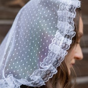 White polka dot mantilla veil with lace trim