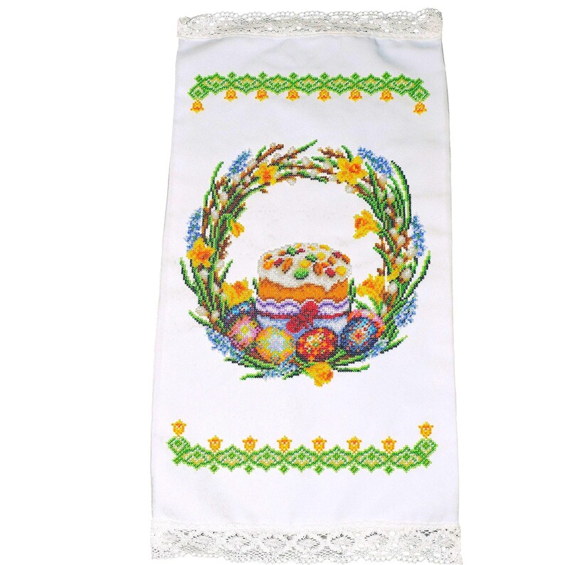 Handmade Beaded Easter Basket Cover, Orthodox Pascha Decor, Floral Embroidery, Ukrainian Cotton (32x62 cm) zdjęcie 2