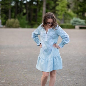 Light blue linen dress with white embroidery