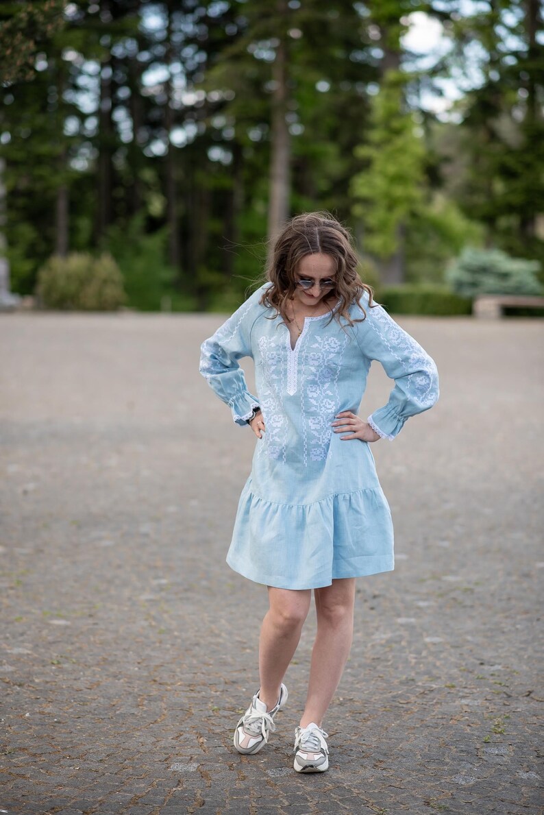 Light blue linen dress with white embroidery
