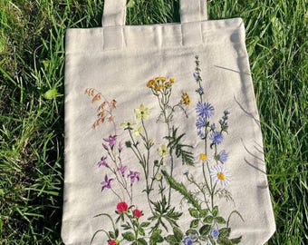 Embroidered Wildflower Cotton Tote Bag, Natural Eco Shoulder Bag
