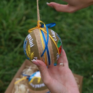 Ukrainian embroidered ornament set of 3, Blue yellow fabric ball baubles with jute hanger, Rustic gift box, Patriotic holiday decor