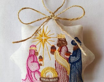 Handmade nativity ornament with embroidered three wise men, Christmas tree decoration, Unique linen ornament, Religious holiday gift