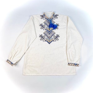 Men’s Ukrainian Embroidered Shirt Vyshyvanka, White Folk Long Sleeve with Blue Geometric Pattern and Tassel Neck, Traditional Slavic Top