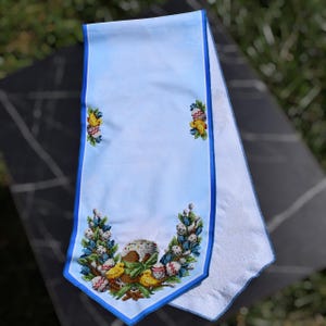 Easter table runner, Blue pascha beaded embroidery with kulich, Pysanky eggs, Pussy willows & chicks, Orthodox spring decor