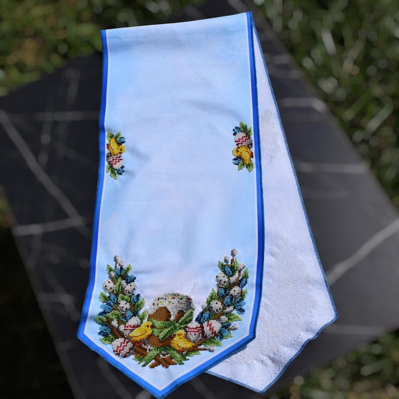 Easter table runner, Blue pascha beaded embroidery with kulich, Pysanky eggs, Pussy willows & chicks, Orthodox spring decor