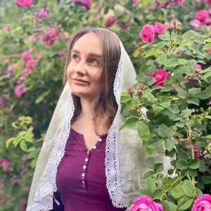 Handmade ivory linen chapel veil for women with crochet lace trim