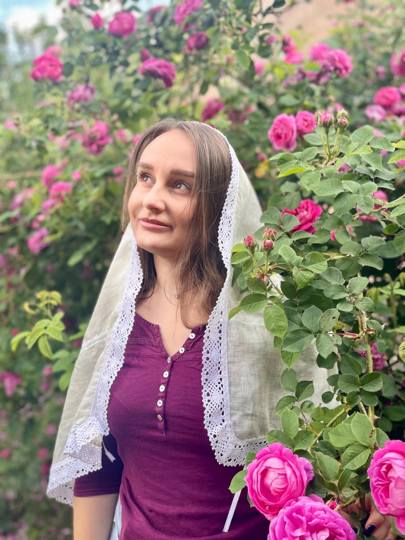 Handmade ivory linen chapel veil for women with crochet lace trim