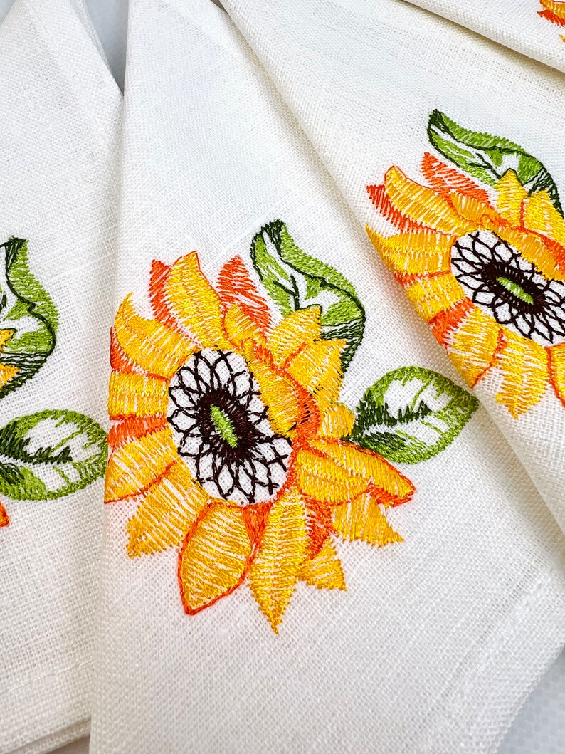 Sunflower Embroidered Linen Napkins Set with Bread Basket
