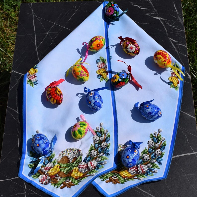 Easter table runner, Blue pascha beaded embroidery with kulich, Pysanky eggs, Pussy willows & chicks, Orthodox spring decor
