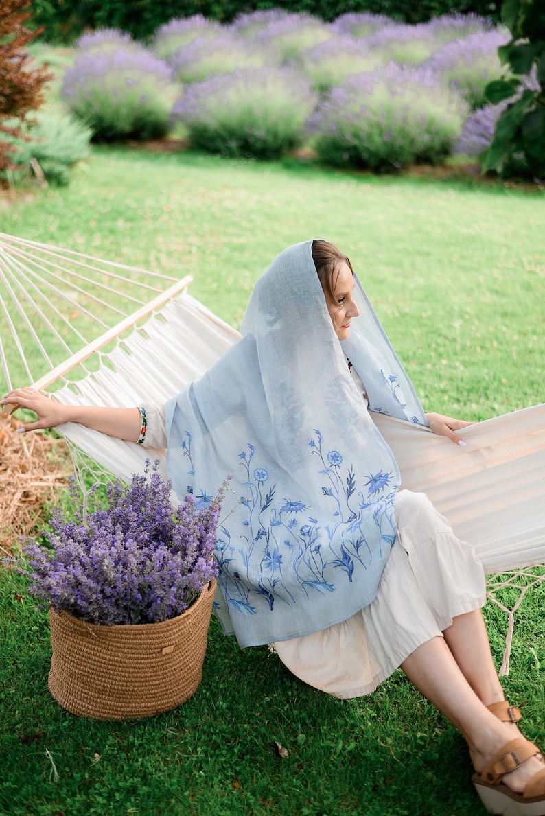 Blue embroidered linen shawl