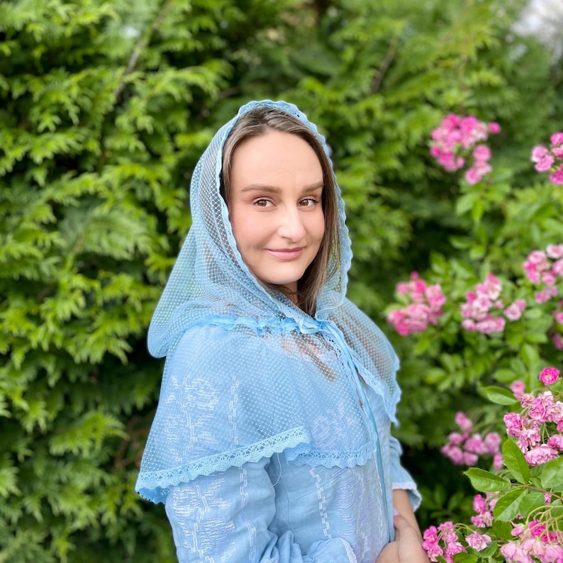 Blue lace headscarf, Sheer head covering, Light blue chapel veil, Women lace kerchief, Vintage style head scarf, Church head covering