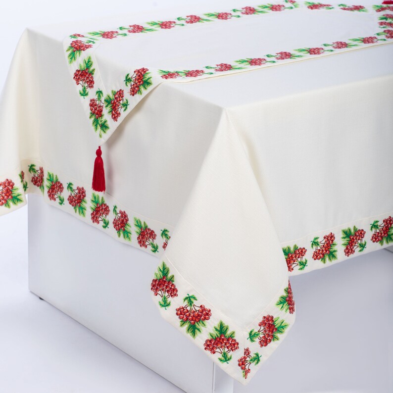 Ukrainian Rushnyk with Viburnum Embroidery Traditional Kalyna Tablecloth Folk Wedding Towel Slavic Home Decor