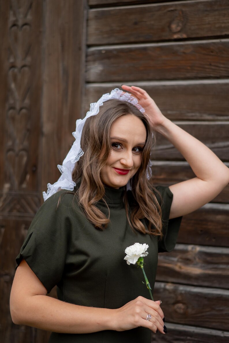 White polka dot mantilla veil with lace trim