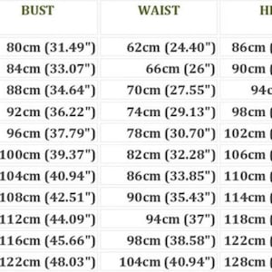 May include: Size chart for clothing with international standard sizes, UK sizes, bust, waist, hip, back width, and Russian sizes. The chart shows measurements in both inches and centimetres.