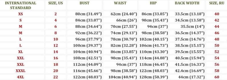 May include: Size chart for clothing with international standard sizes, UK sizes, bust, waist, hip, back width, and Russian sizes. The chart shows measurements in both inches and centimetres.