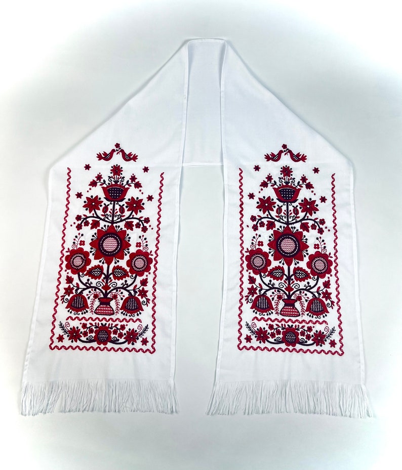 Embroidered red and white Slavic towel