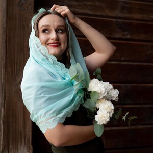 Mint green lace chapel veil