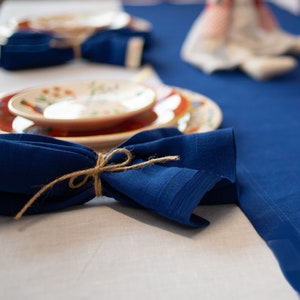 Elegant blue linen table runner for dining table