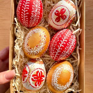 Set of 6 hand painted Easter eggs, Red gold white Ukrainian pysanky, Style decorative eggs, Gift box, Spring holiday ornament