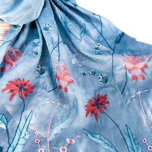 Light blue linen scarf with wildflower embroidery for women