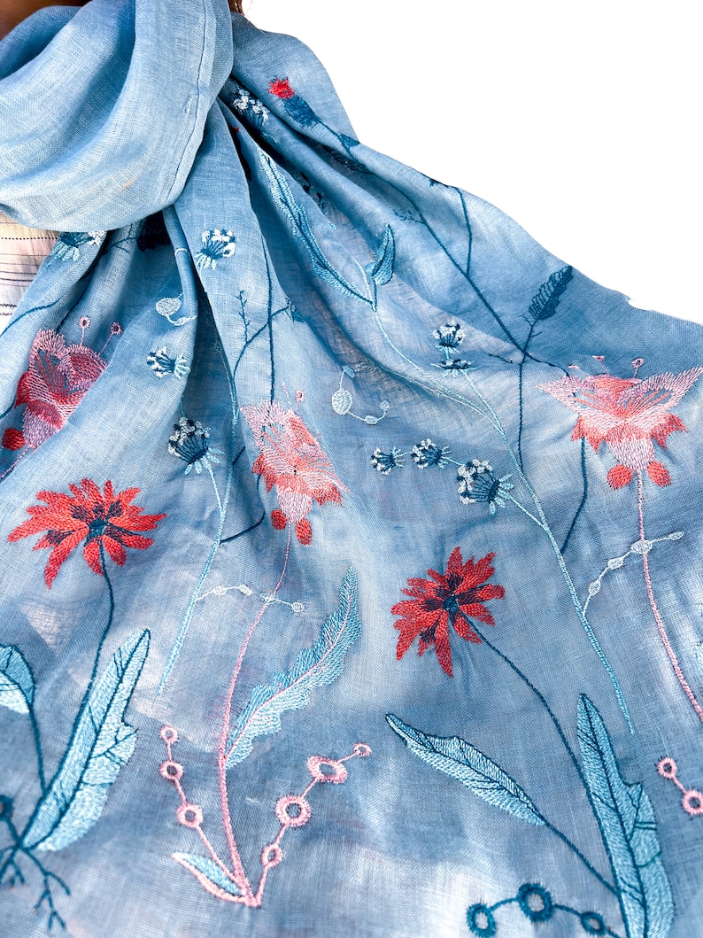 Light blue linen scarf with wildflower embroidery for women