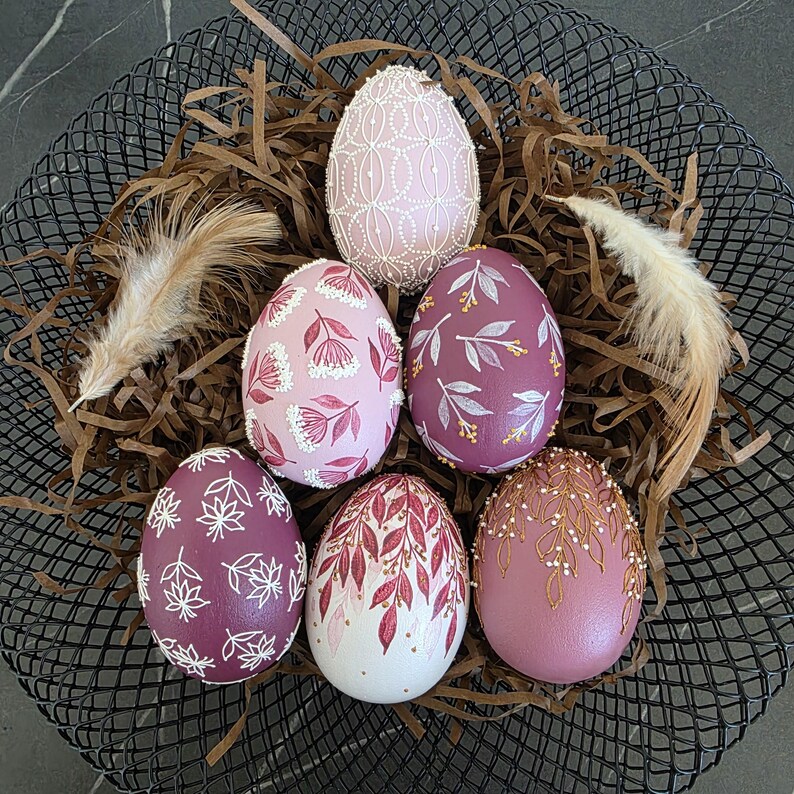 Spring home decor egg set in pink tones, Hand painted floral eggs, Artisan table accent