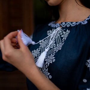 Navy Blue Linen Embroidered Dress for Women. Ukrainian Vyshyvanka Dress with White Geometric Folk Embroidery. Blue linen ukrainian dress with belt and mid-thigh length.