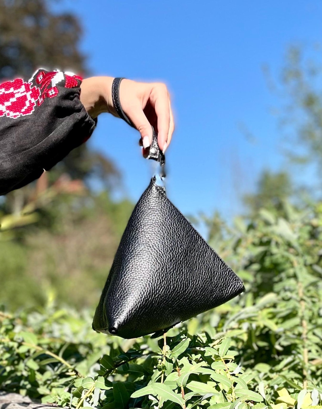 Handmade Black Leather Triangle Clutch, Unique Geometric Bag
