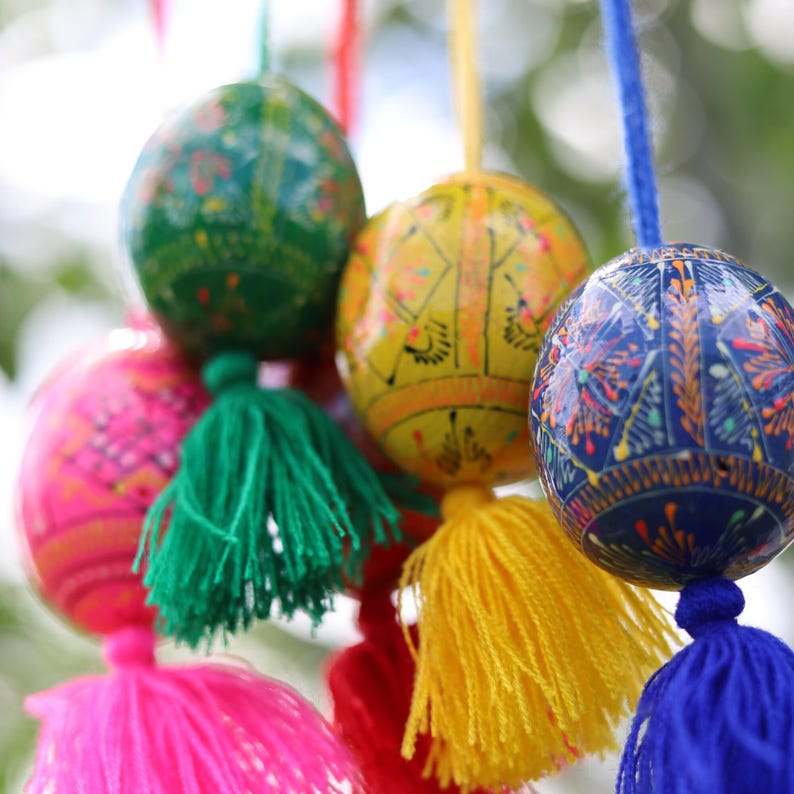 Hand-painted Ukrainian pysanka Easter egg ornaments with tassels
