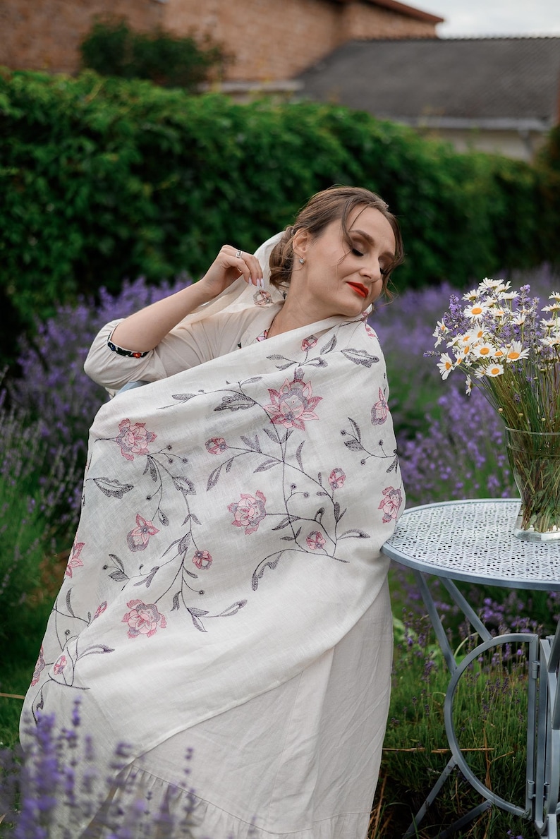 Milky embroidered linen scarf
