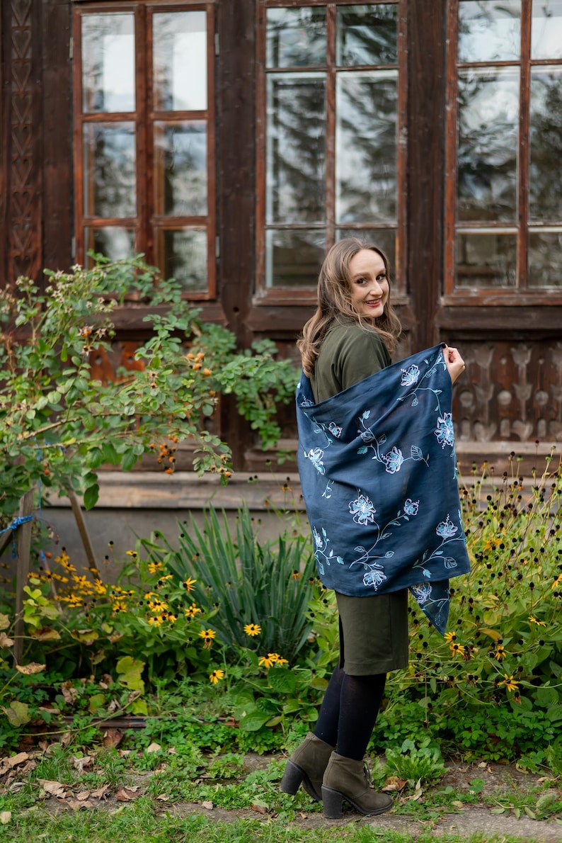 Floral embroidered linen scarf shawl wrap