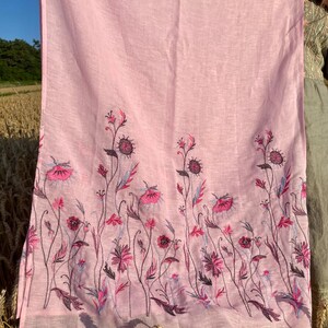 Pink linen embroidered scarf with wildflower pattern for women, lightweight floral head covering or shawl for spring and summer styling
