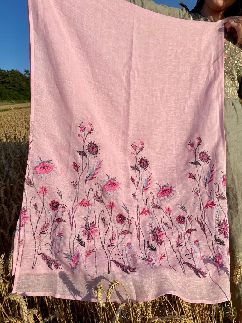 Pink linen embroidered scarf with wildflower pattern for women, lightweight floral head covering or shawl for spring and summer styling