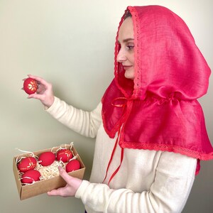 Red linen hooded scarf with lace trim, Lightweight head covering, Vintage inspired capelet