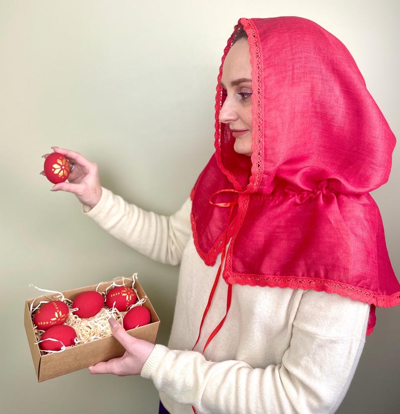 Red linen hooded scarf with lace trim, Lightweight head covering, Vintage inspired capelet