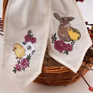 Easter basket linen bow with embroidered bunny