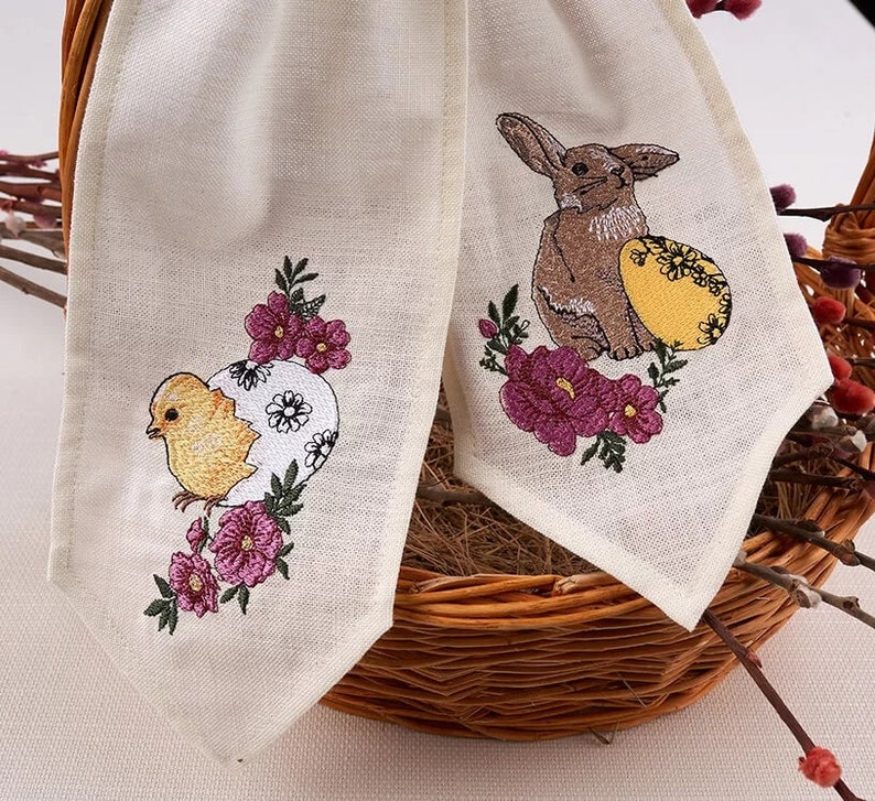 Easter basket linen bow with embroidered bunny