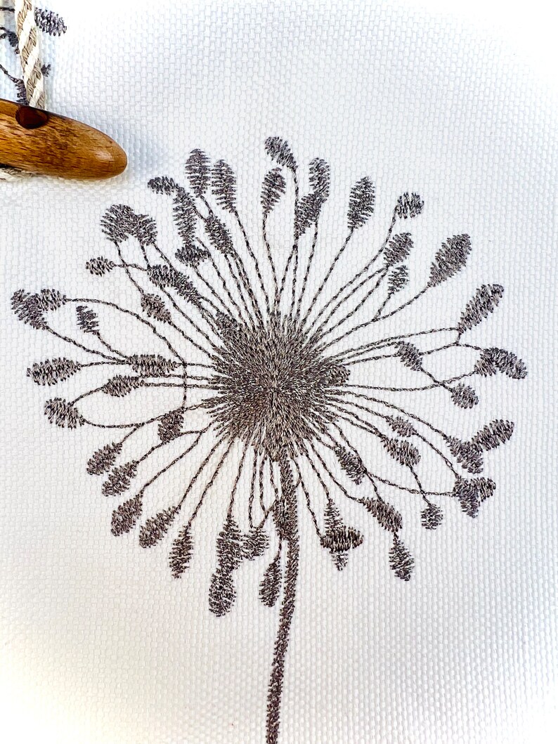 Linen tote bag with dandelion print and wooden button