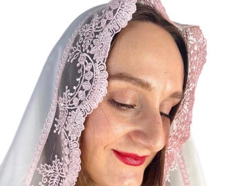 Pink Chiffon Lace Chapel Veil, Catholic Mass Mantilla Head Covering
