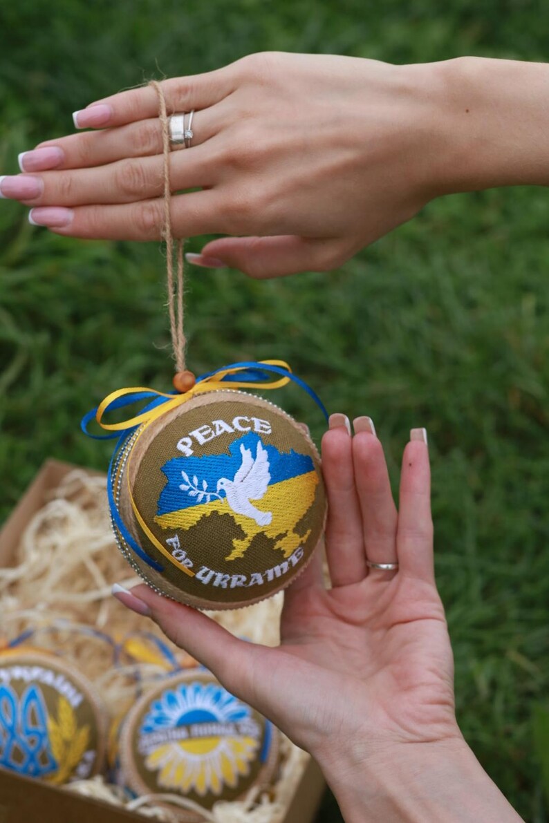 Ukrainian embroidered ornament set of 3, Blue yellow fabric ball baubles with jute hanger, Rustic gift box, Patriotic holiday decor