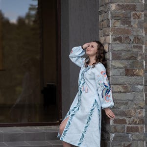 Light Blue Linen Embroidered Ukrainian Vyshyvanka Dress with Leaf Motifs, Tassel Belt and Front Slit – Boho Folk Midi with Balloon Sleeves