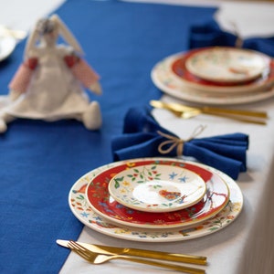 Elegant blue linen table runner for dining table