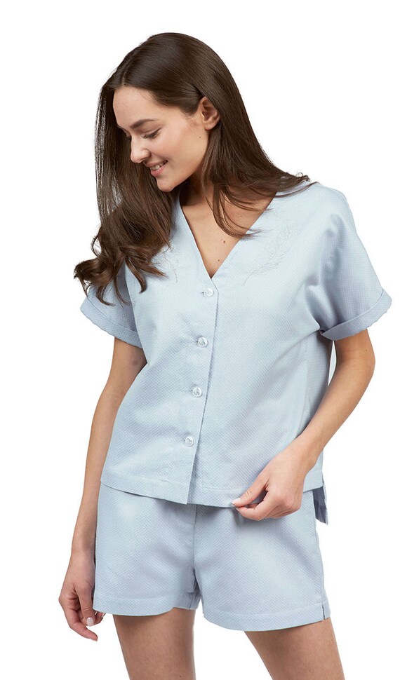 Chemise de nuit en chanvre pyjama bleu brode pyjama ecologique pour femme vetements de maison mignons vetements en chanvre vetements de nuit en chanvre Etsy France