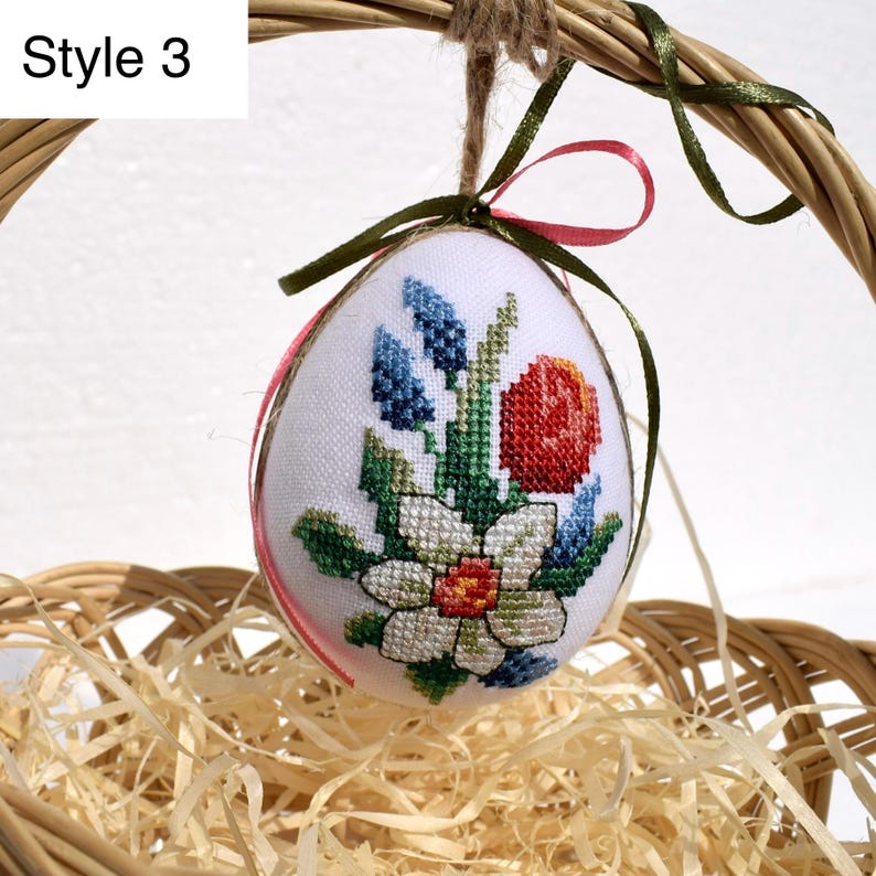 Handmade embroidered Easter egg ornament, Cross stitch floral egg decor, Hanging Easter egg gift, Spring basket decoration, Folk style ornament