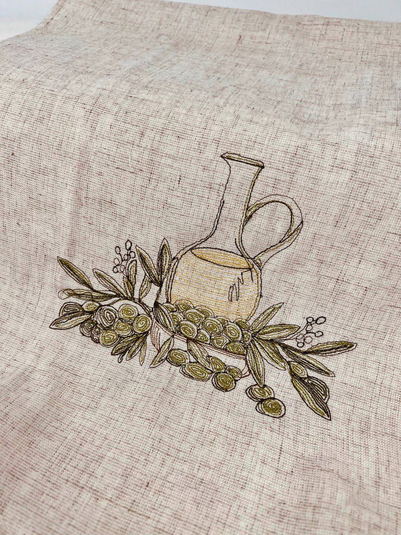 Linen beige runner with greek embroidery, Italian linen table runner with olives, Housewarming gift, Dining runner, Easter table runner image 8