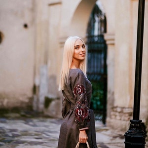 Gray Linen Embroidered Dress, Ukrainian Vyshyvanka Style with Burgundy Floral Sleeves, Long Sleeve Belted Midi Folk Boho Outfit, Handmade