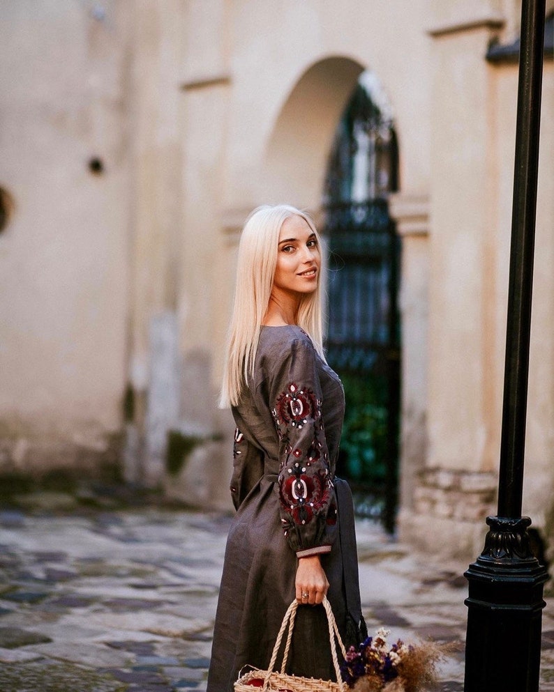 Gray Linen Embroidered Dress, Ukrainian Vyshyvanka Style with Burgundy Floral Sleeves, Long Sleeve Belted Midi Folk Boho Outfit, Handmade
